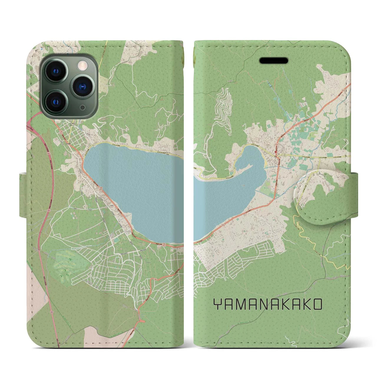 【山中湖】地図柄iPhoneケース（手帳両面タイプ・ナチュラル）iPhone 11 Pro 用