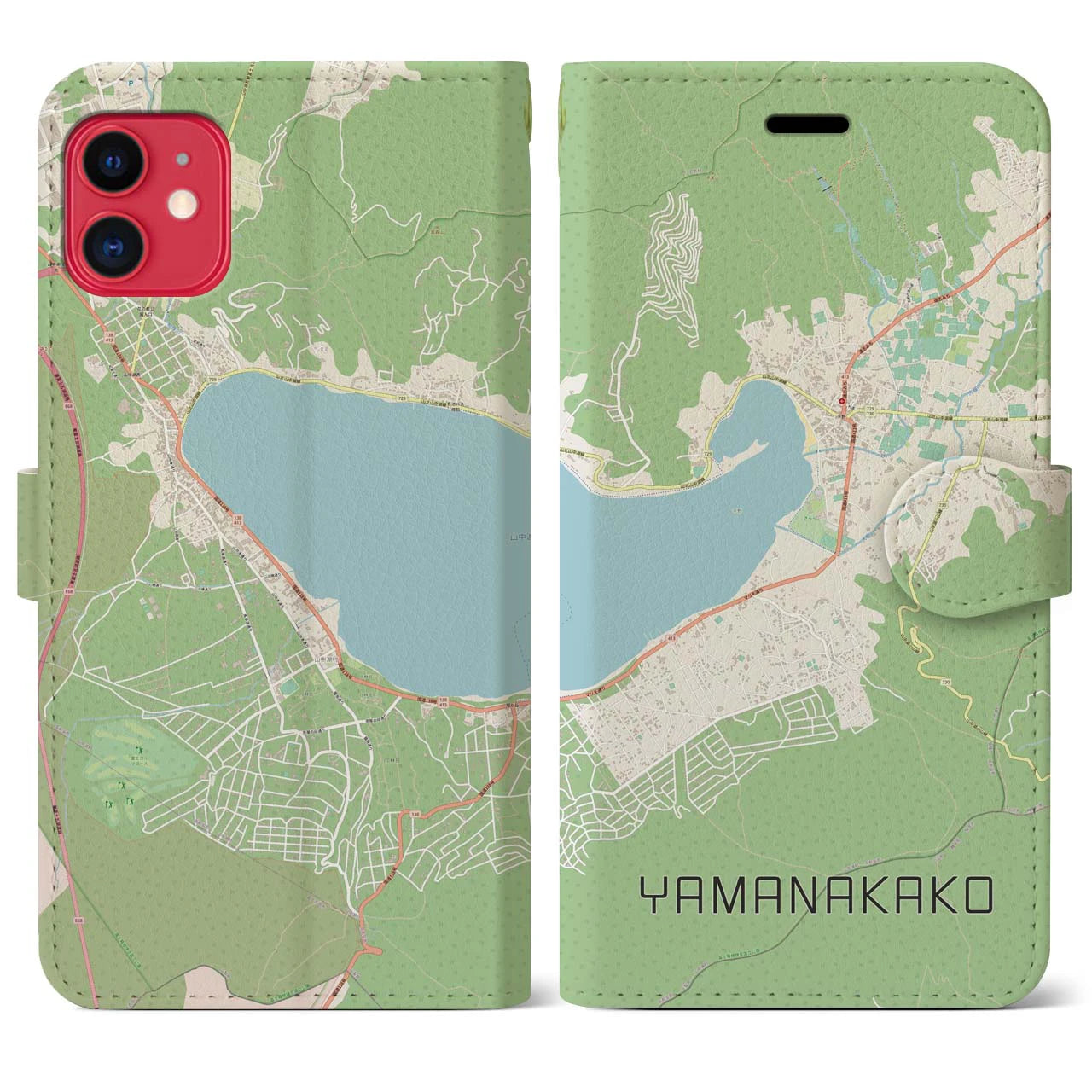 【山中湖】地図柄iPhoneケース（手帳両面タイプ・ナチュラル）iPhone 11 用