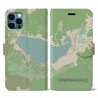 【山中湖（山梨県）】地図柄iPhoneケース（手帳タイプ）ナチュラル・iPhone 12 / 12 Pro 用