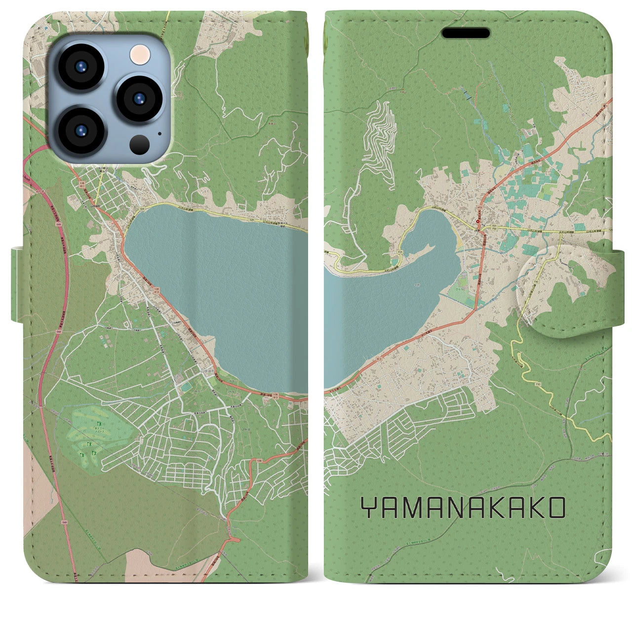 【山中湖】地図柄iPhoneケース（手帳両面タイプ・ナチュラル）iPhone 13 Pro Max 用