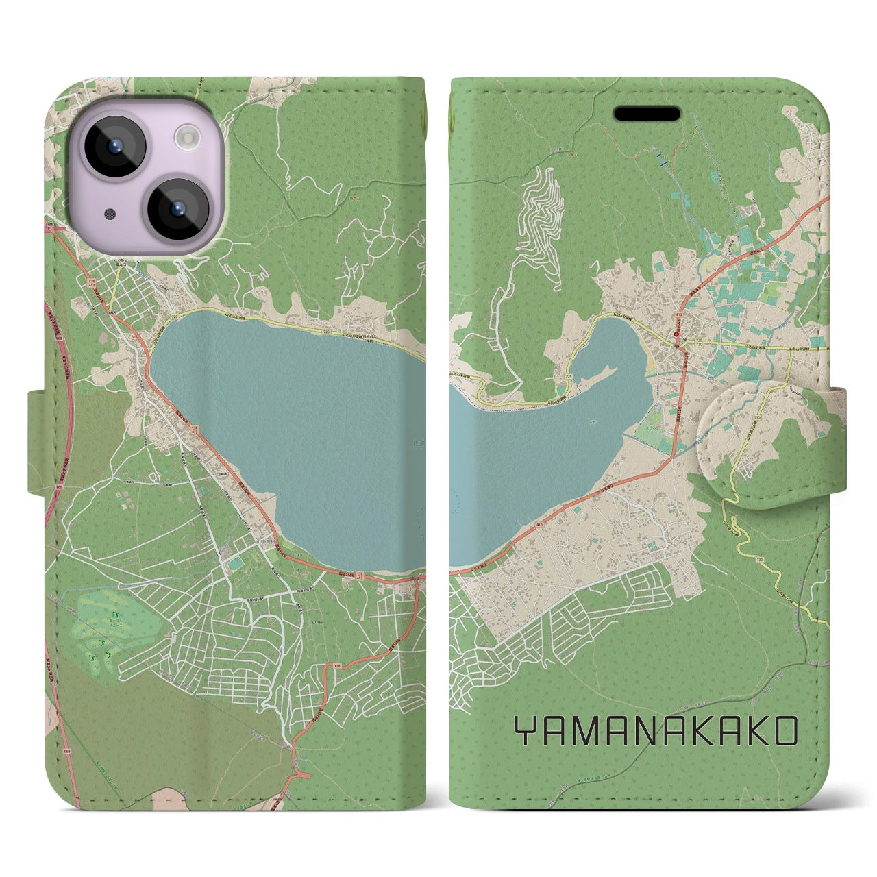 【山中湖】地図柄iPhoneケース（手帳両面タイプ・ナチュラル）iPhone 14 用