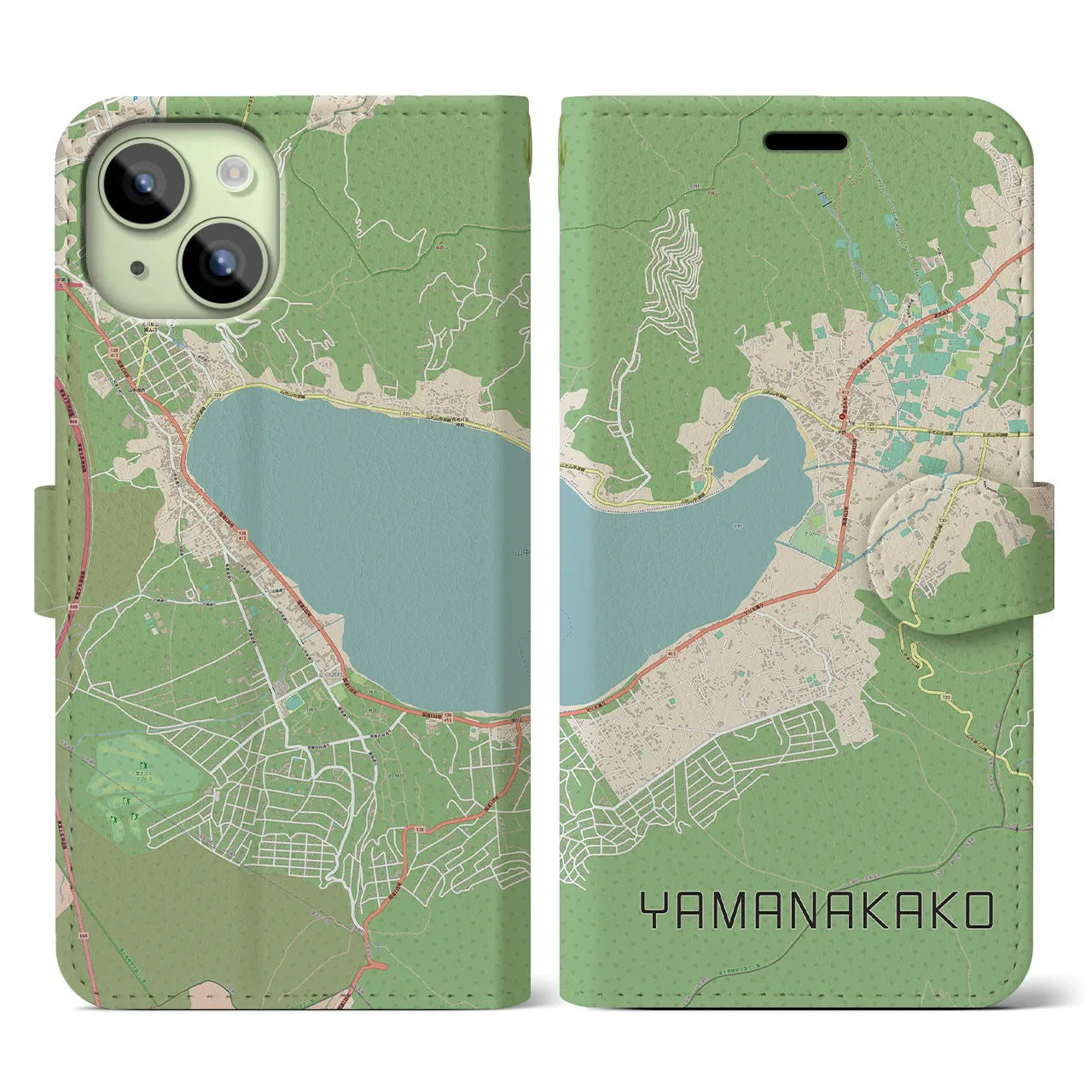 【山中湖】地図柄iPhoneケース（手帳両面タイプ・ナチュラル）iPhone 15 用