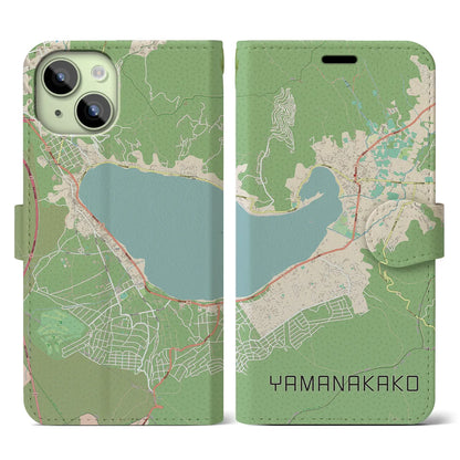 【山中湖（山梨県）】地図柄iPhoneケース（手帳タイプ）ナチュラル・iPhone 15 用