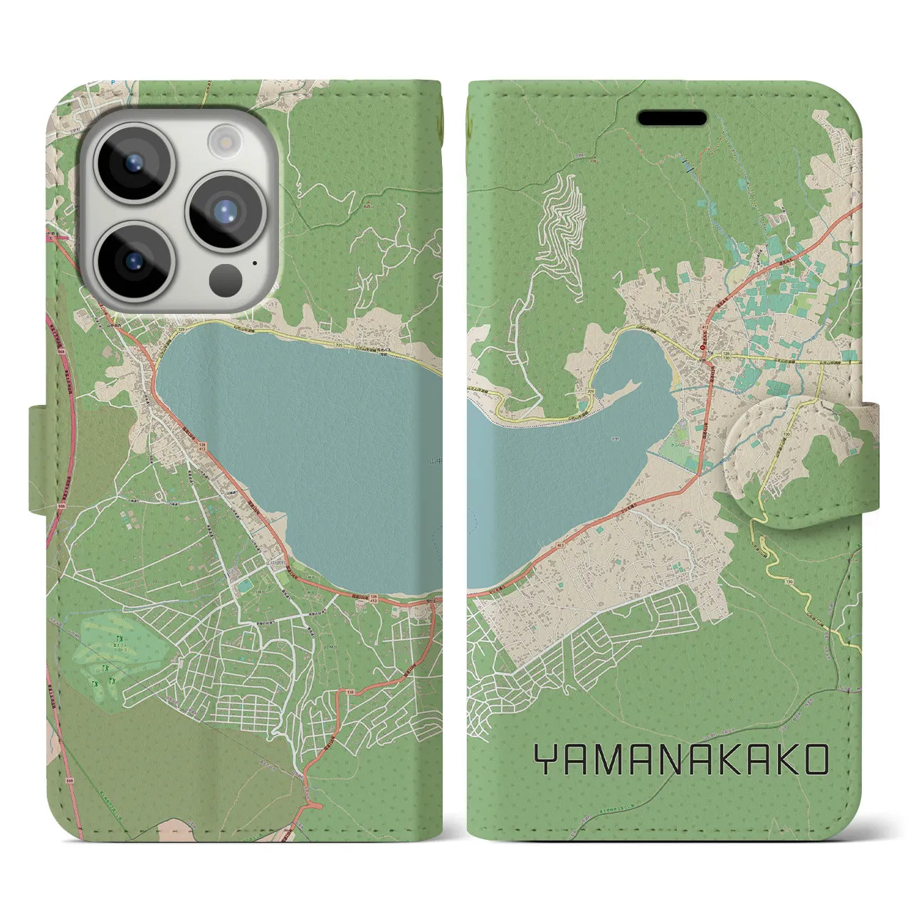 【山中湖】地図柄iPhoneケース（手帳両面タイプ・ナチュラル）iPhone 15 Pro 用