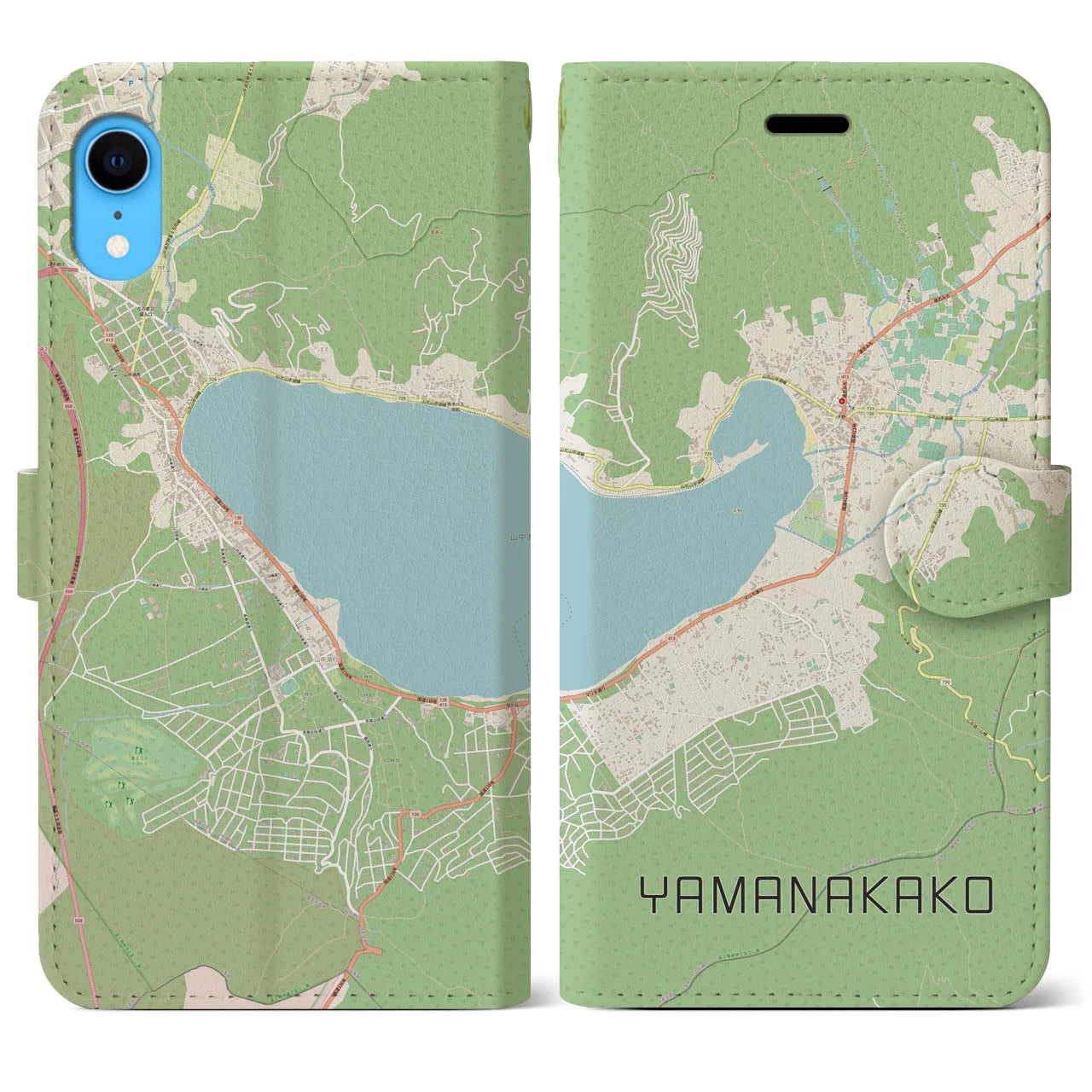 【山中湖】地図柄iPhoneケース（手帳両面タイプ・ナチュラル）iPhone XR 用
