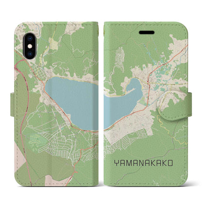 【山中湖（山梨県）】地図柄iPhoneケース（手帳タイプ）ナチュラル・iPhone XS / X 用