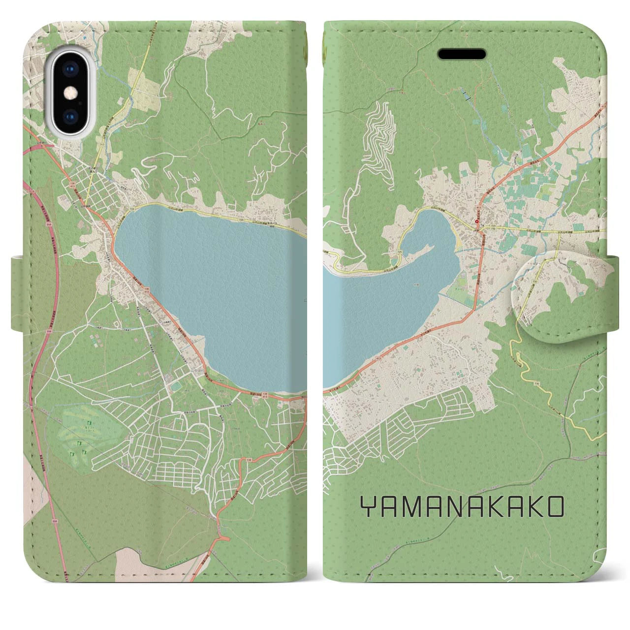 【山中湖】地図柄iPhoneケース（手帳両面タイプ・ナチュラル）iPhone XS Max 用