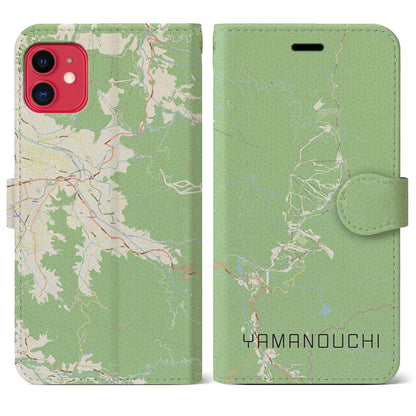 【山ノ内（長野県）】地図柄iPhoneケース（手帳タイプ）ナチュラル・iPhone 11 用