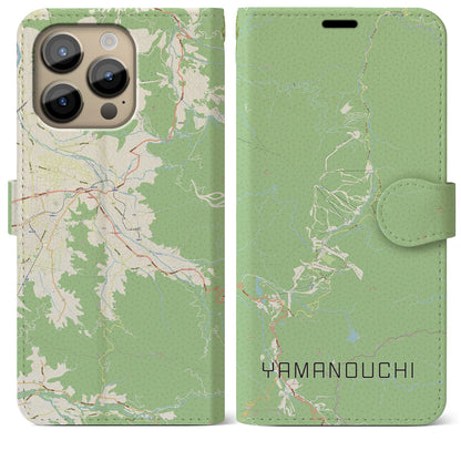 【山ノ内（長野県）】地図柄iPhoneケース（手帳タイプ）ナチュラル・iPhone 14 Pro Max 用