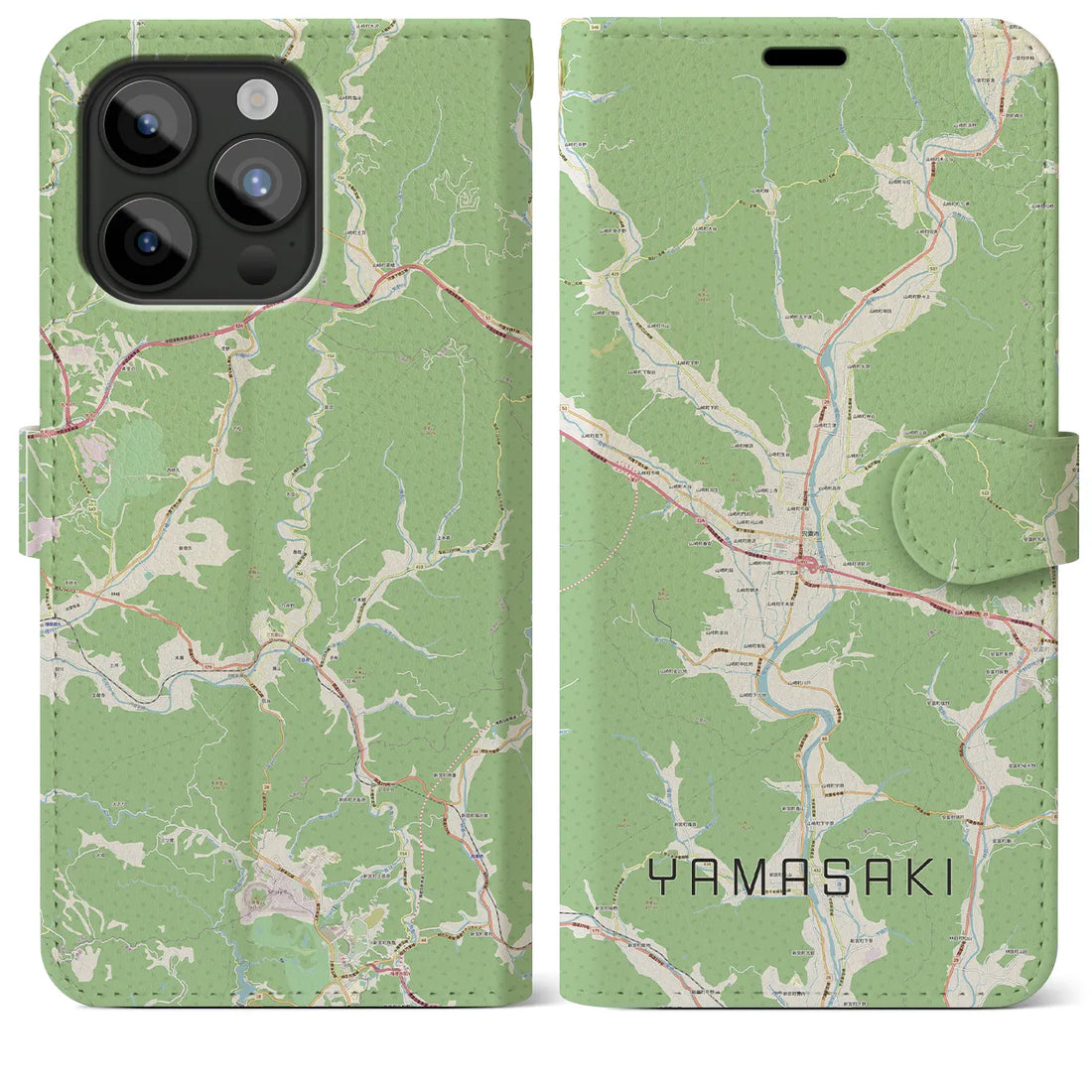 【山崎】地図柄iPhoneケース（手帳両面タイプ・ナチュラル）iPhone 15 Pro Max 用