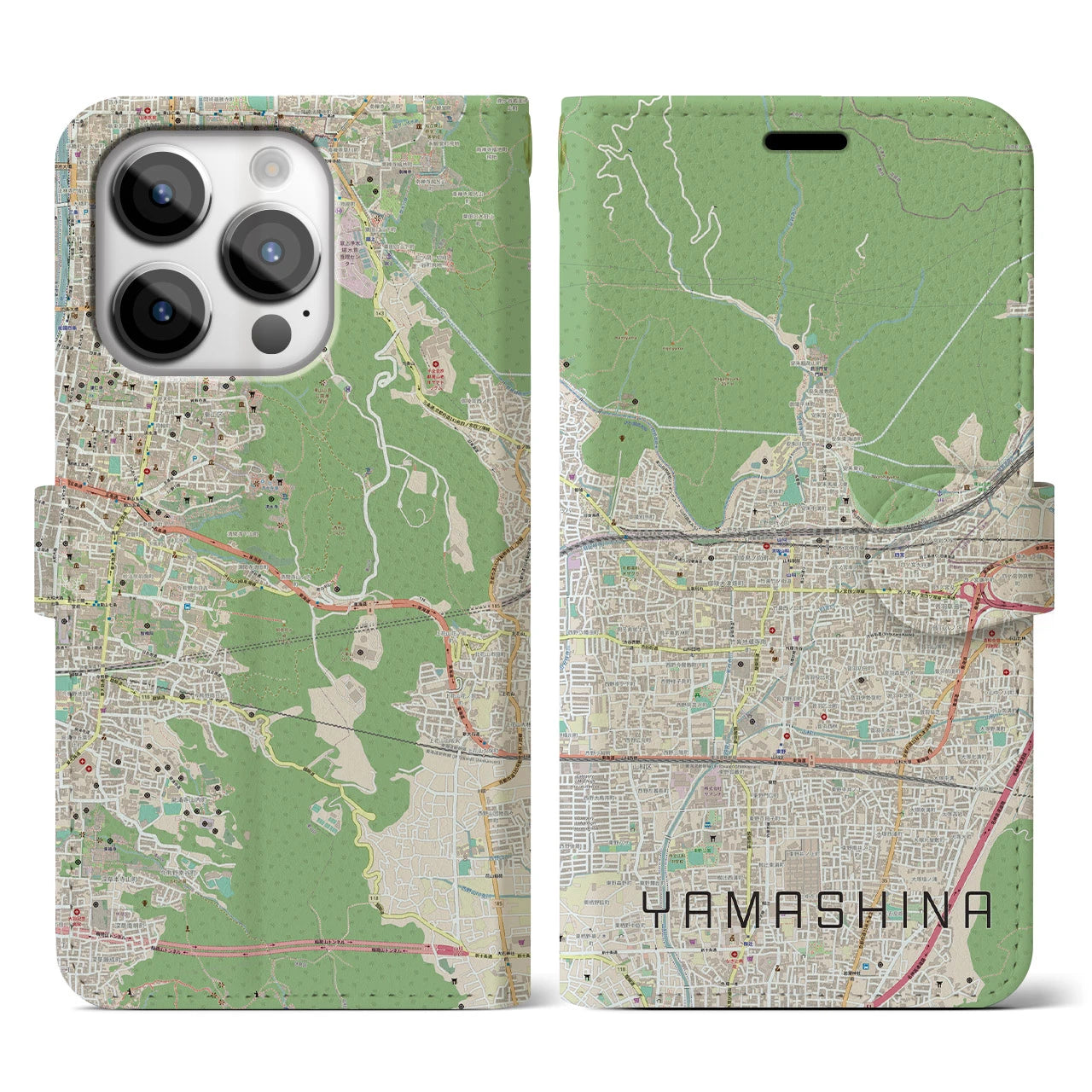 【山科】地図柄iPhoneケース（手帳両面タイプ・ナチュラル）iPhone 14 Pro 用