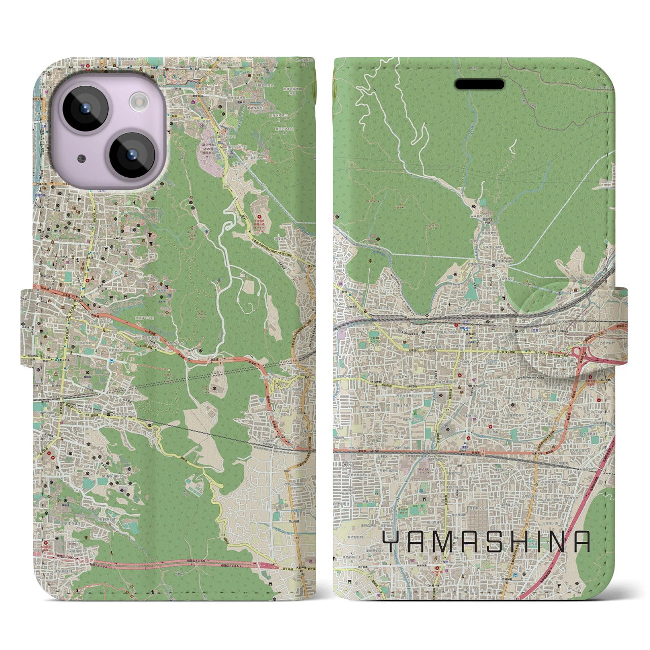 【山科】地図柄iPhoneケース（手帳両面タイプ・ナチュラル）iPhone 14 用