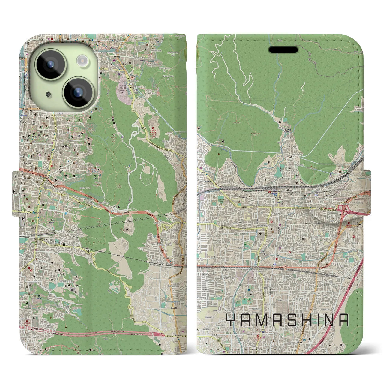 【山科】地図柄iPhoneケース（手帳両面タイプ・ナチュラル）iPhone 15 用
