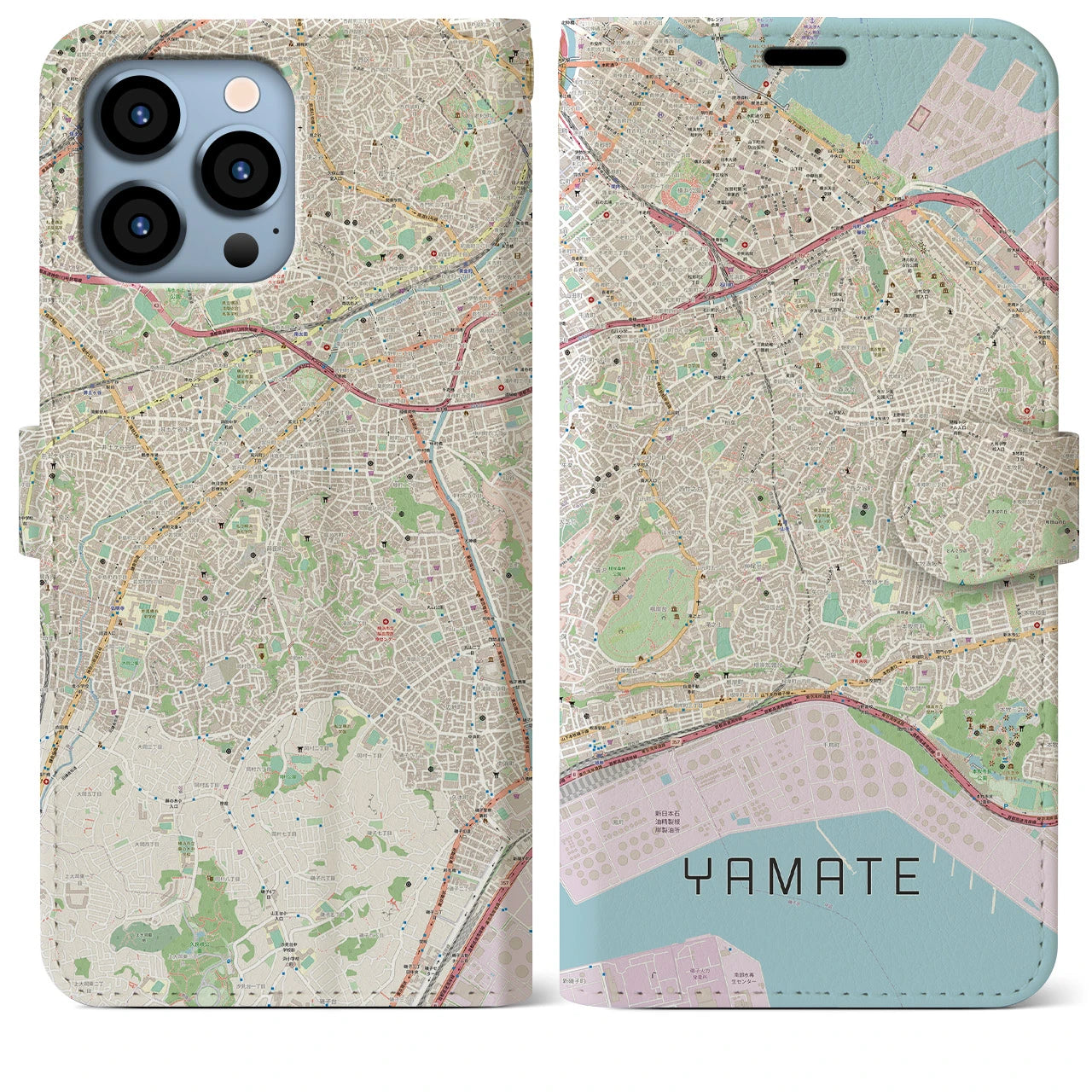 【山手】地図柄iPhoneケース（手帳両面タイプ・ナチュラル）iPhone 13 Pro Max 用