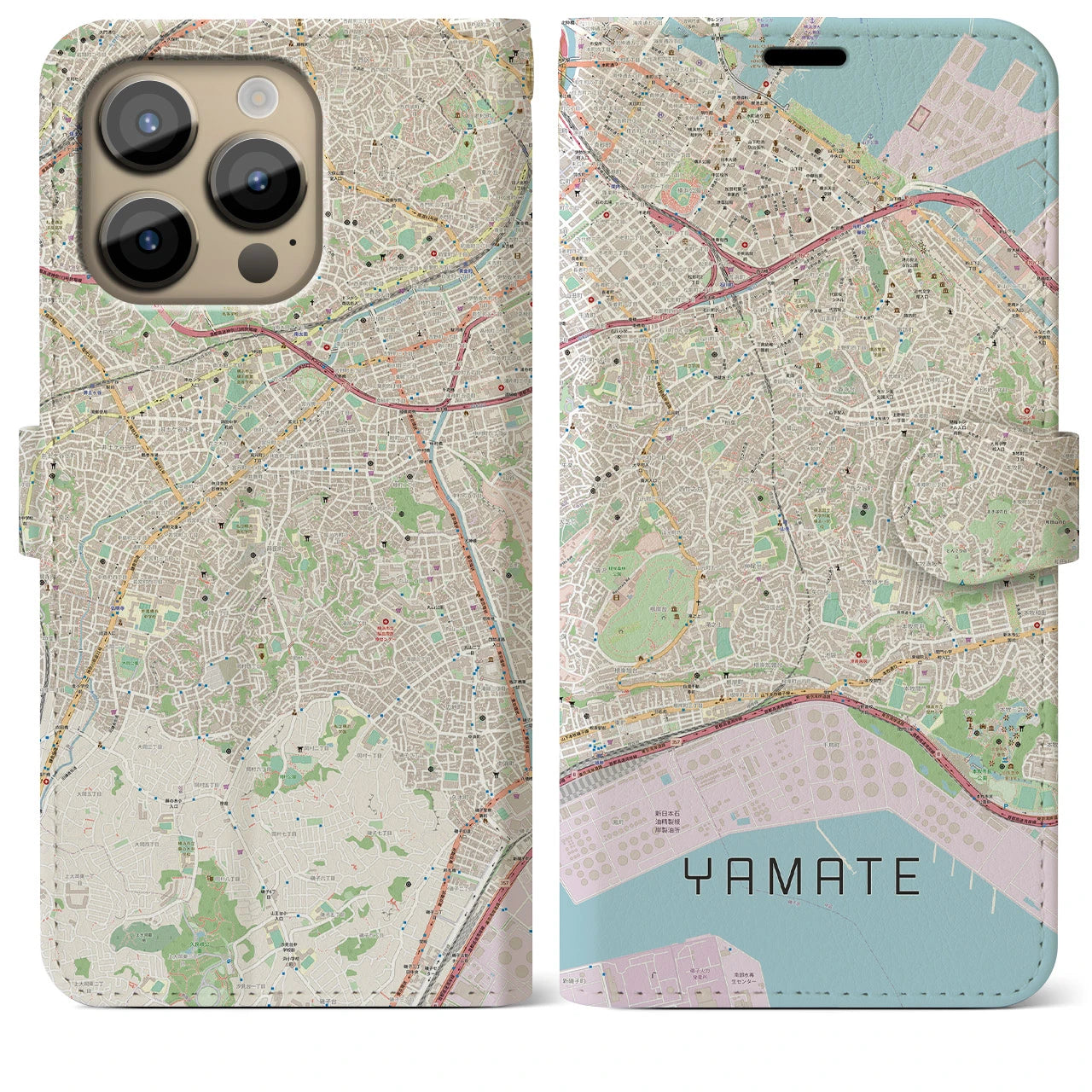 【山手】地図柄iPhoneケース（手帳両面タイプ・ナチュラル）iPhone 14 Pro Max 用
