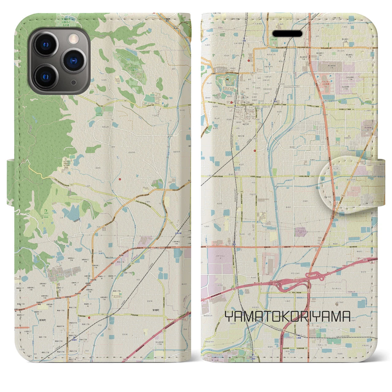 【大和郡山】地図柄iPhoneケース（手帳両面タイプ・ナチュラル）iPhone 11 Pro Max 用