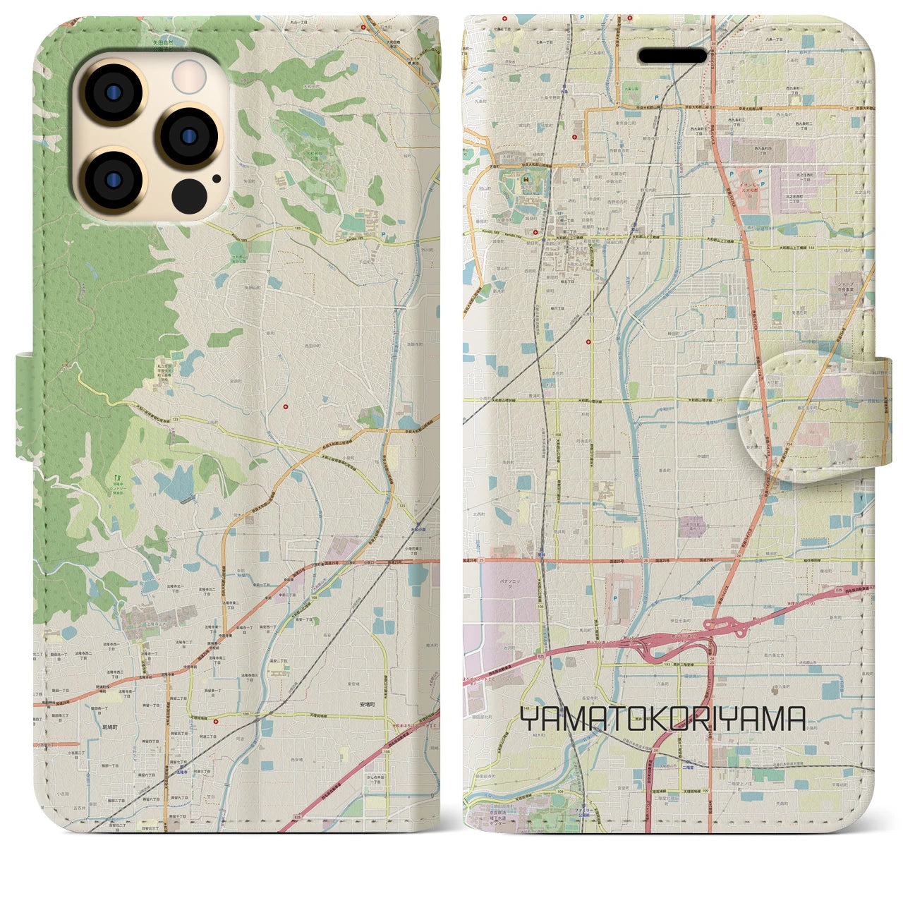【大和郡山】地図柄iPhoneケース（手帳両面タイプ・ナチュラル）iPhone 12 Pro Max 用