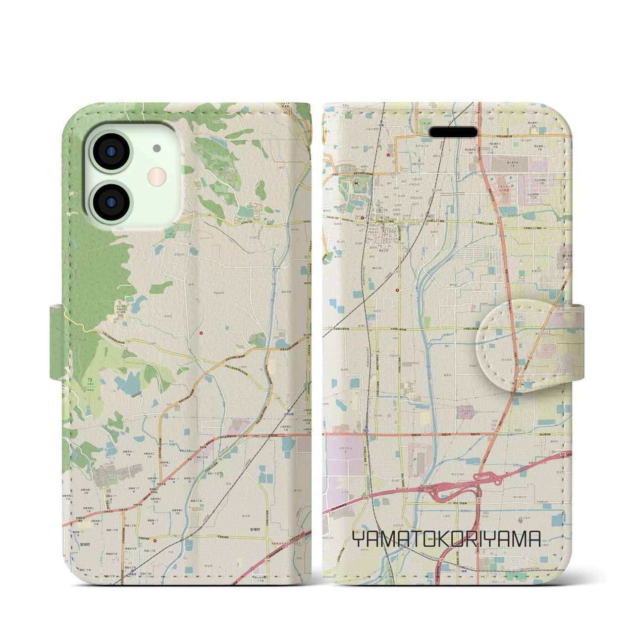 【大和郡山】地図柄iPhoneケース（手帳両面タイプ・ナチュラル）iPhone 12 mini 用
