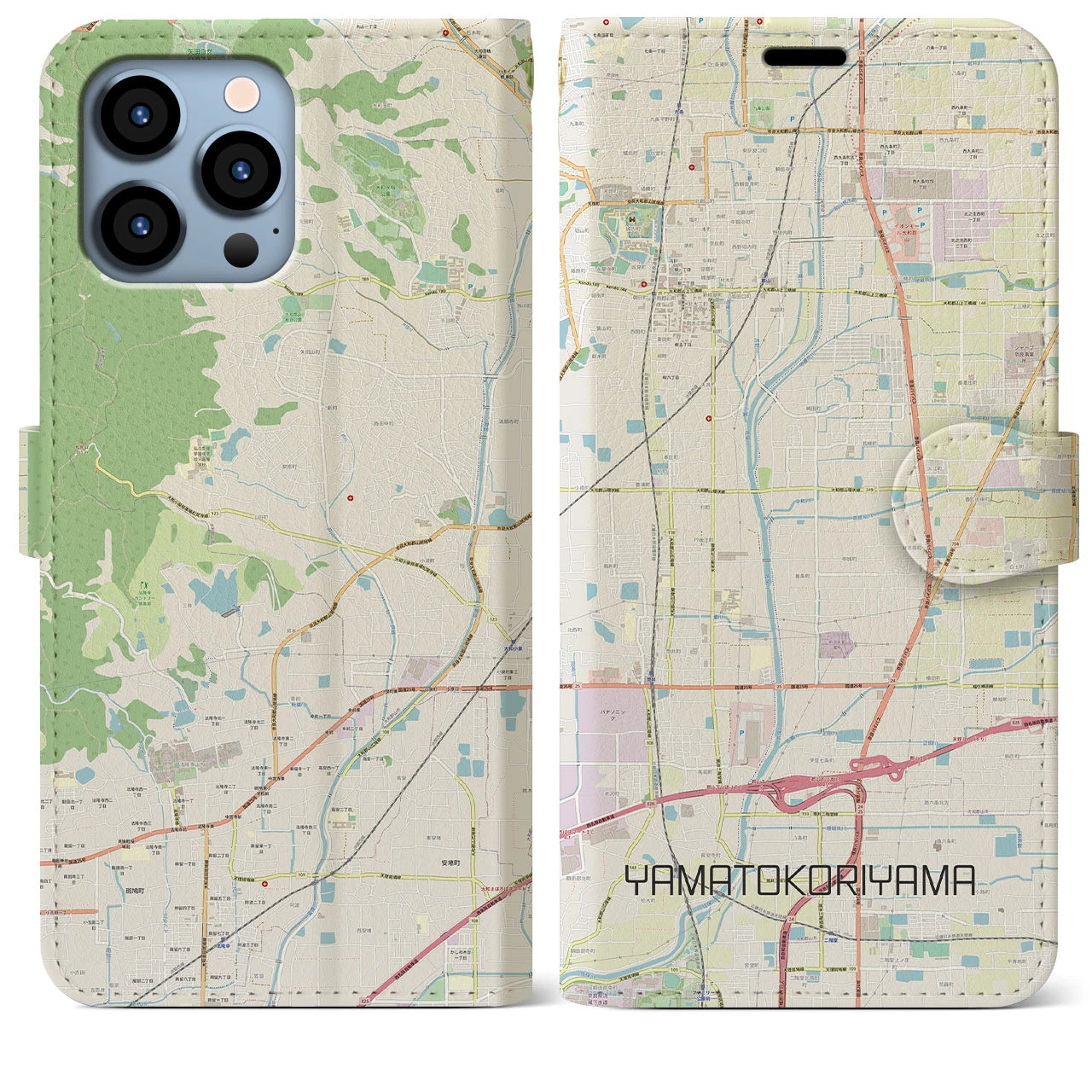 【大和郡山】地図柄iPhoneケース（手帳両面タイプ・ナチュラル）iPhone 13 Pro Max 用