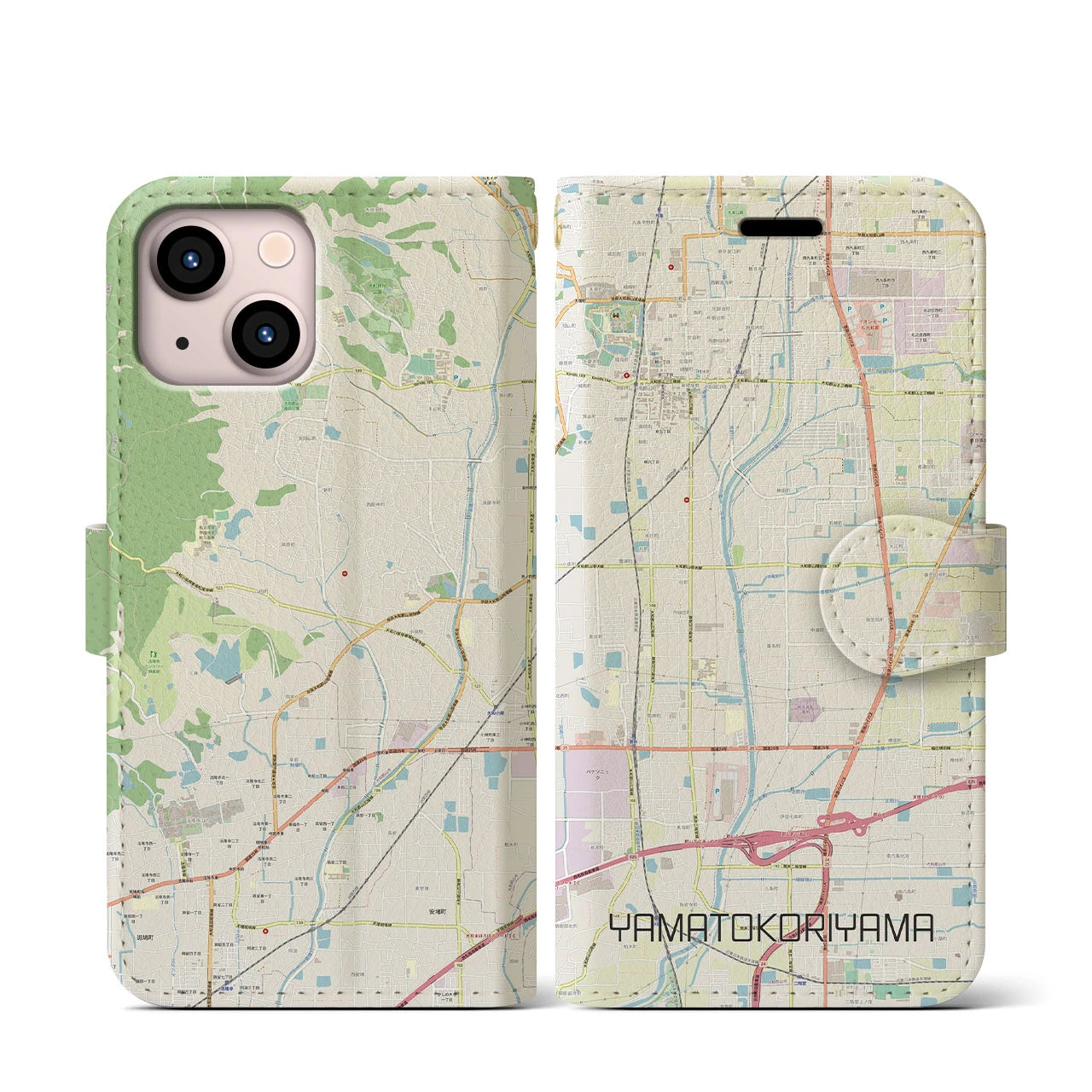 【大和郡山】地図柄iPhoneケース（手帳両面タイプ・ナチュラル）iPhone 13 mini 用