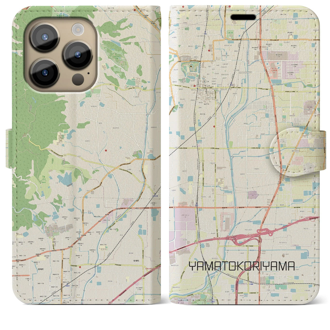 【大和郡山】地図柄iPhoneケース（手帳両面タイプ・ナチュラル）iPhone 14 Pro Max 用