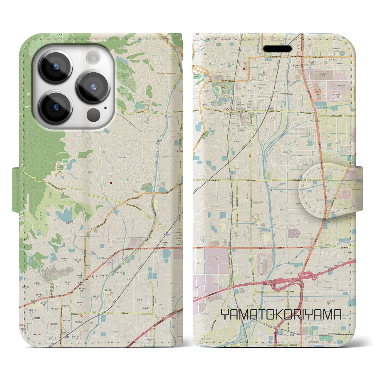 【大和郡山】地図柄iPhoneケース（手帳両面タイプ・ナチュラル）iPhone 14 Pro 用