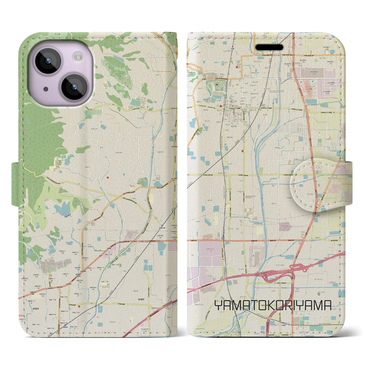 【大和郡山】地図柄iPhoneケース（手帳両面タイプ・ナチュラル）iPhone 14 用