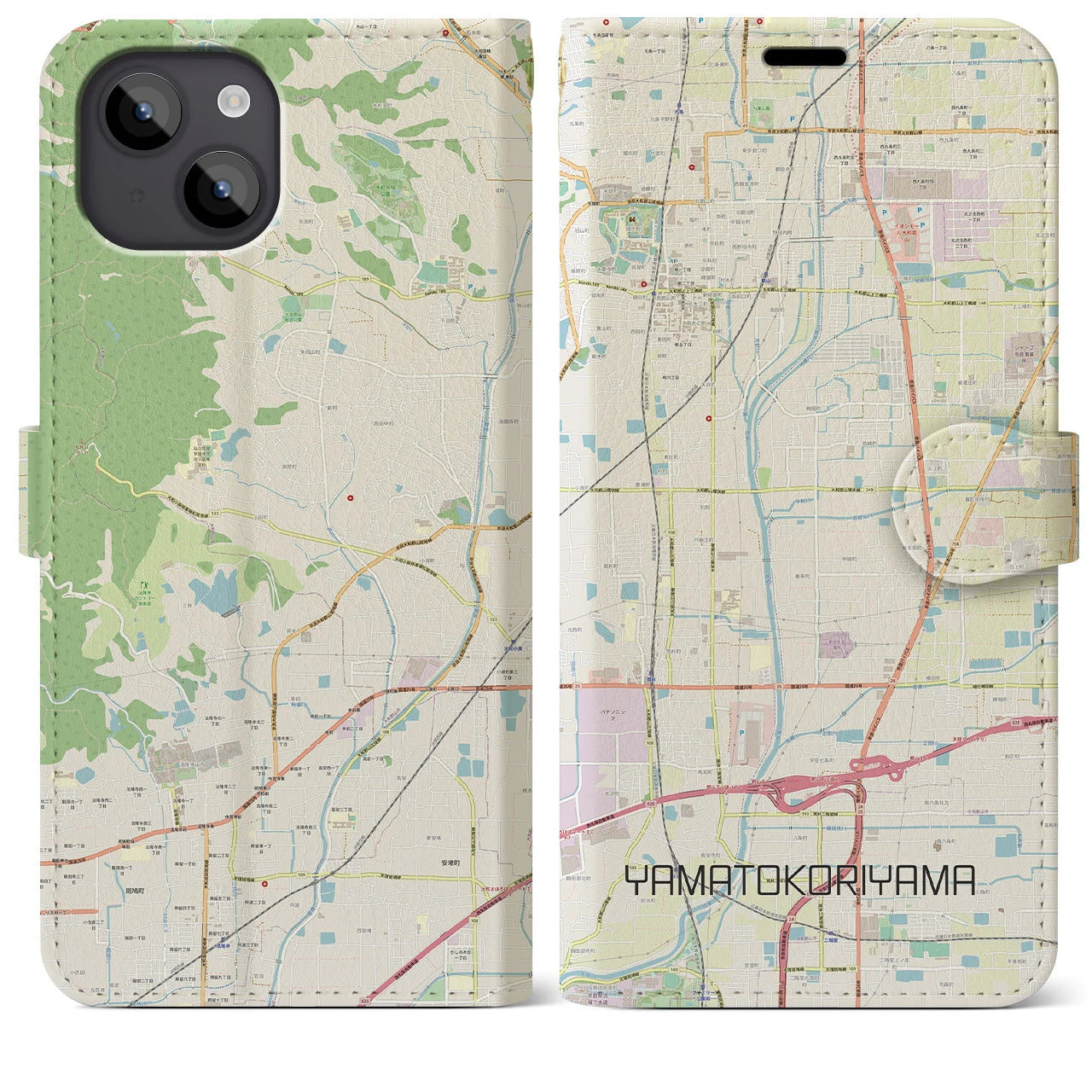 【大和郡山】地図柄iPhoneケース（手帳両面タイプ・ナチュラル）iPhone 14 Plus 用
