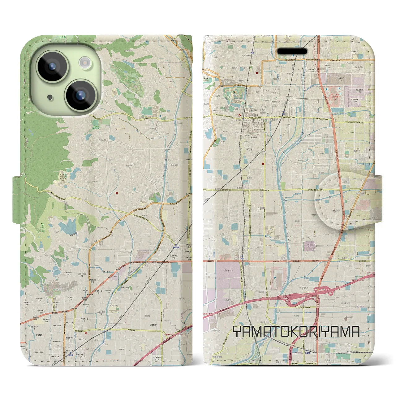 【大和郡山】地図柄iPhoneケース（手帳両面タイプ・ナチュラル）iPhone 15 用