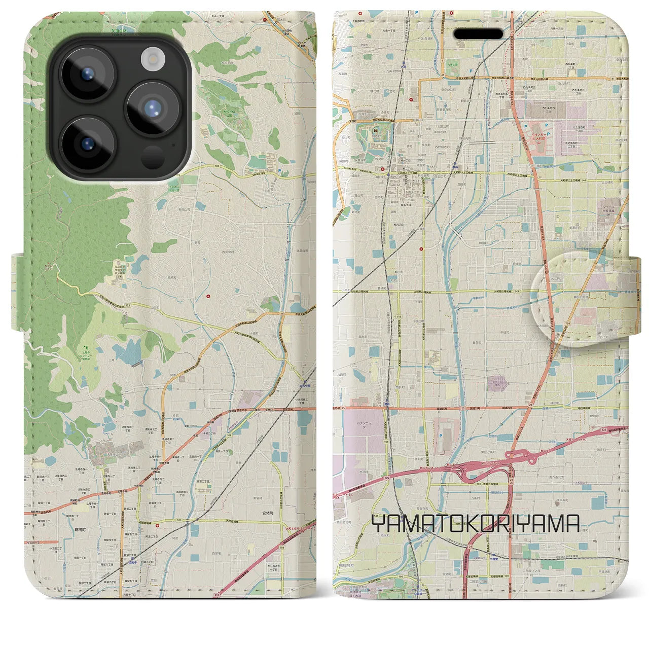 【大和郡山】地図柄iPhoneケース（手帳両面タイプ・ナチュラル）iPhone 15 Pro Max 用