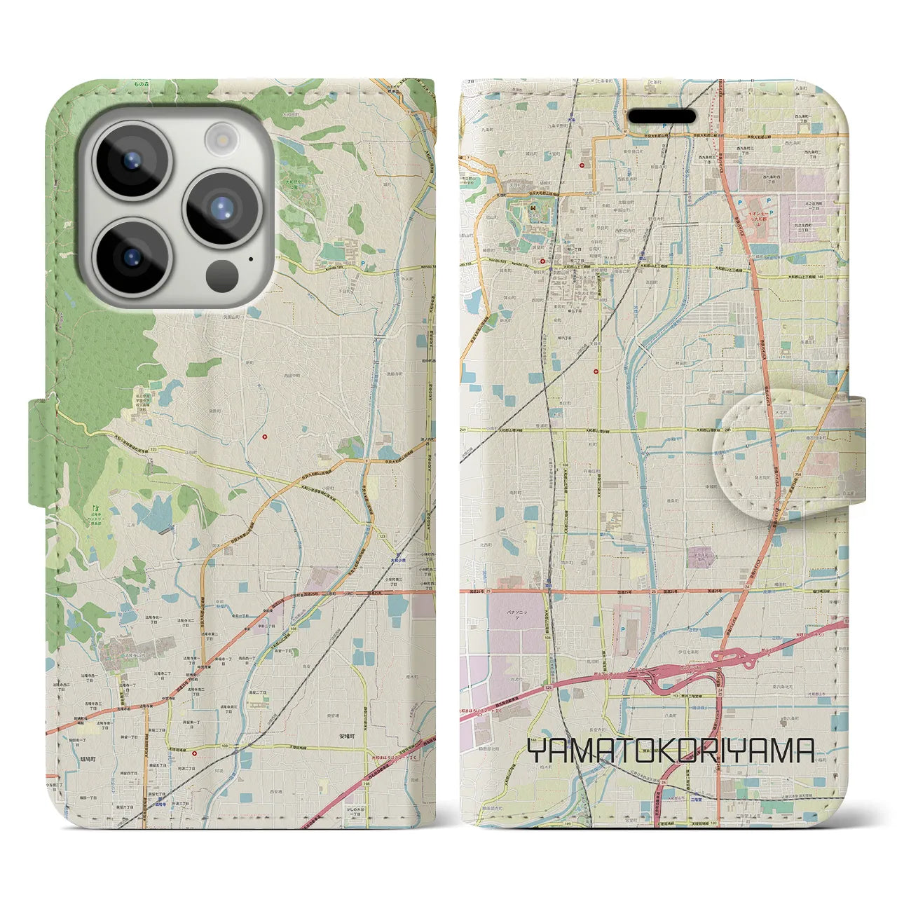 【大和郡山】地図柄iPhoneケース（手帳両面タイプ・ナチュラル）iPhone 15 Pro 用