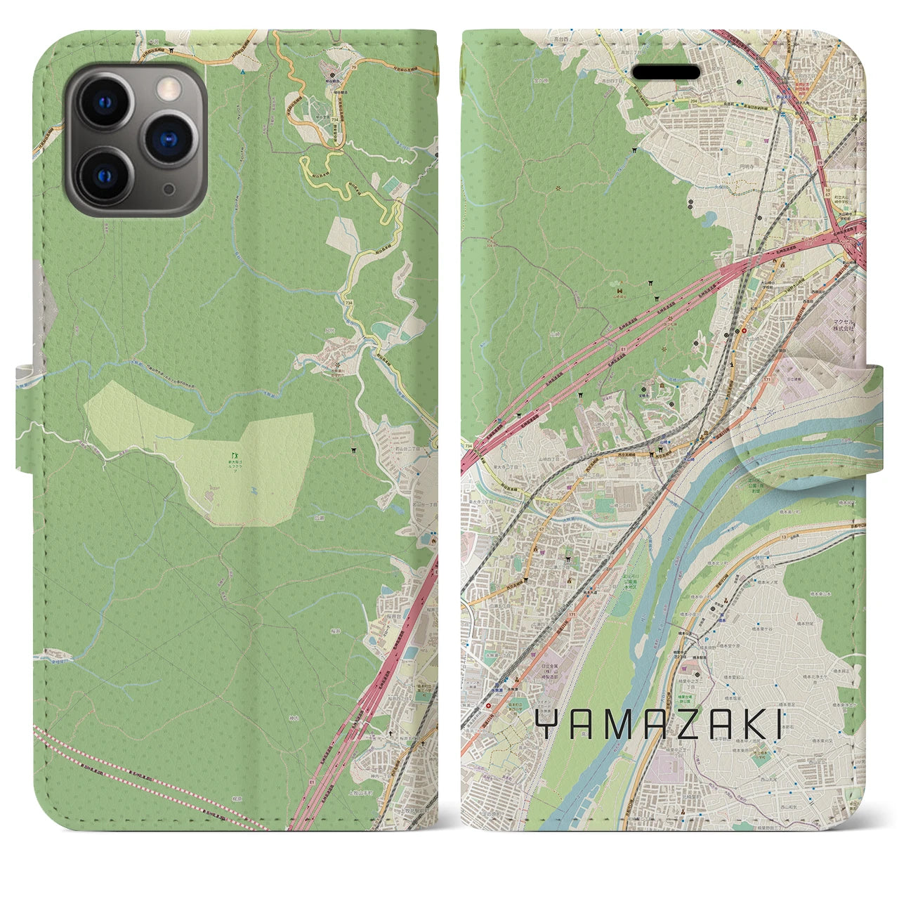 【山崎（京都府）】地図柄iPhoneケース（手帳両面タイプ・ナチュラル）iPhone 11 Pro Max 用