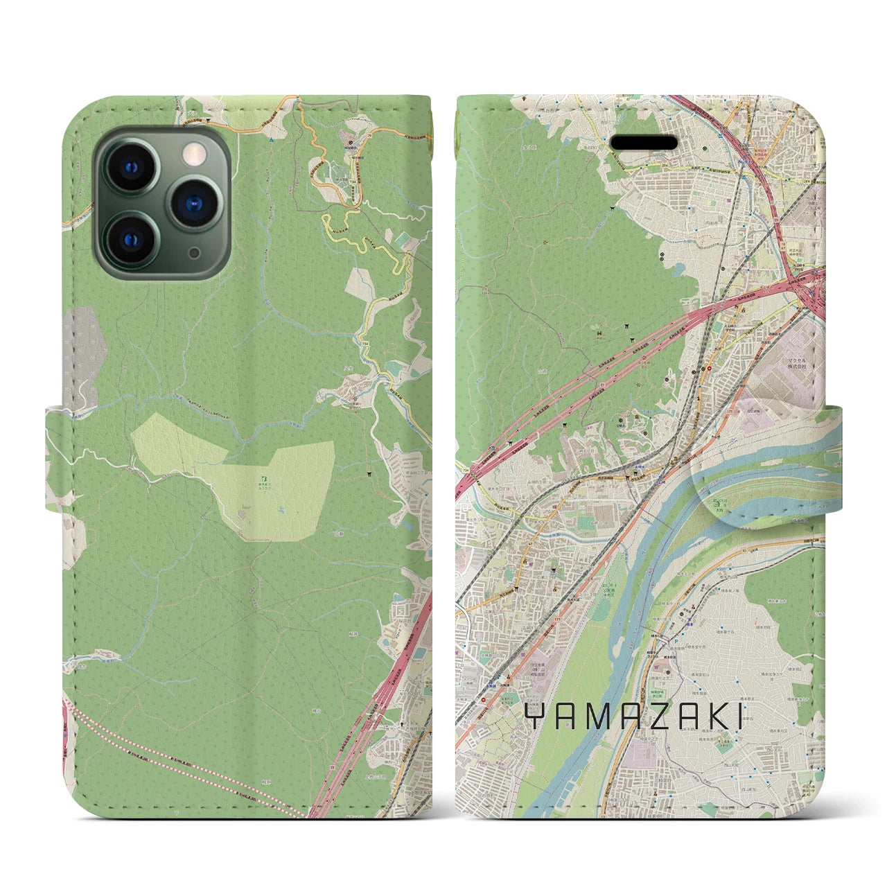 【山崎（京都府）】地図柄iPhoneケース（手帳両面タイプ・ナチュラル）iPhone 11 Pro 用