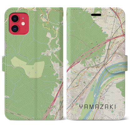 【山崎（京都府）】地図柄iPhoneケース（手帳タイプ）ナチュラル・iPhone 11 用