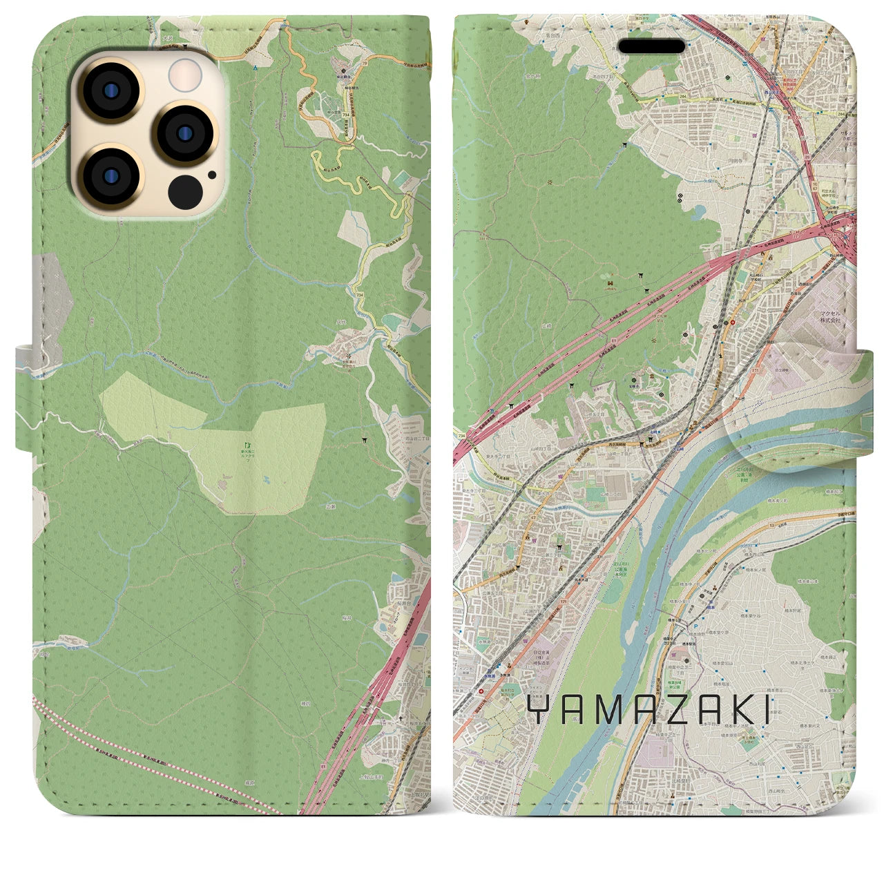 【山崎（京都府）】地図柄iPhoneケース（手帳両面タイプ・ナチュラル）iPhone 12 Pro Max 用