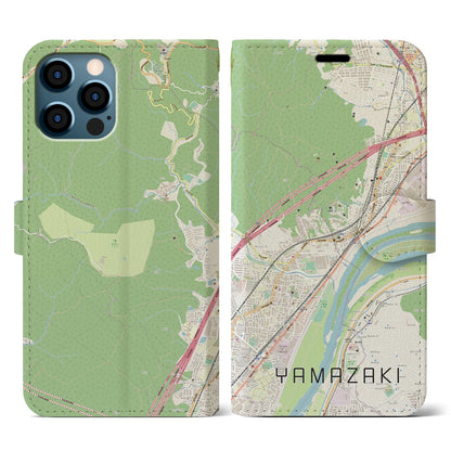 【山崎（京都府）】地図柄iPhoneケース（手帳タイプ）ナチュラル・iPhone 12 / 12 Pro 用