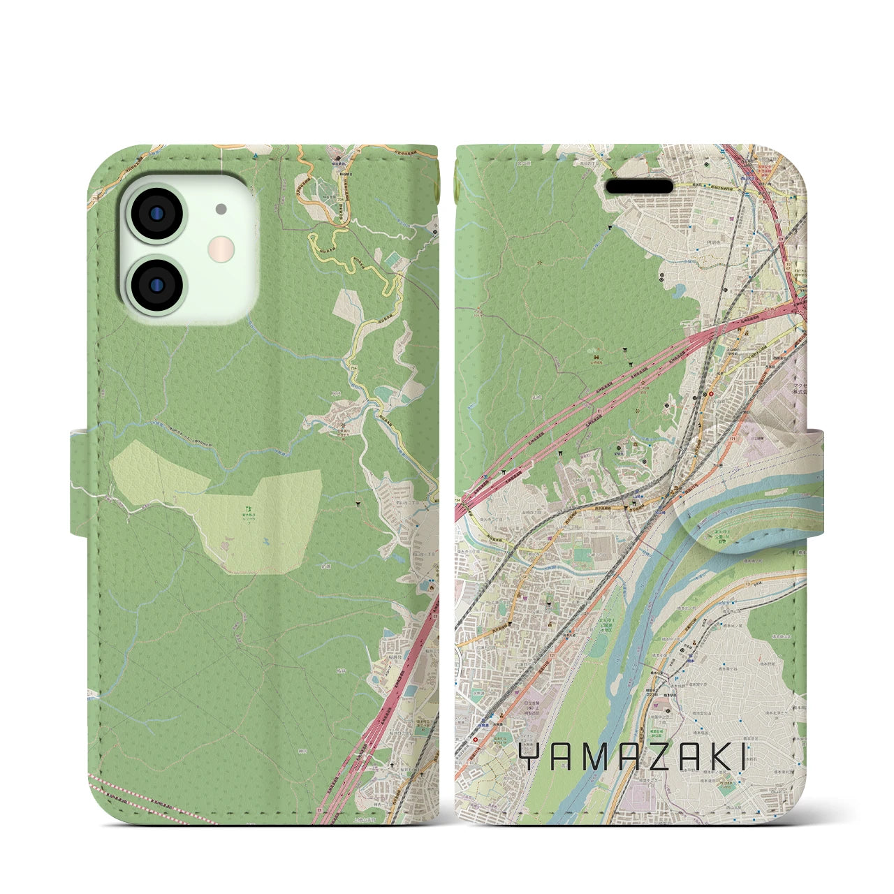 【山崎（京都府）】地図柄iPhoneケース（手帳両面タイプ・ナチュラル）iPhone 12 mini 用