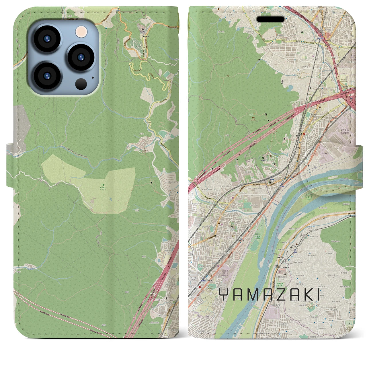 【山崎（京都府）】地図柄iPhoneケース（手帳両面タイプ・ナチュラル）iPhone 13 Pro Max 用