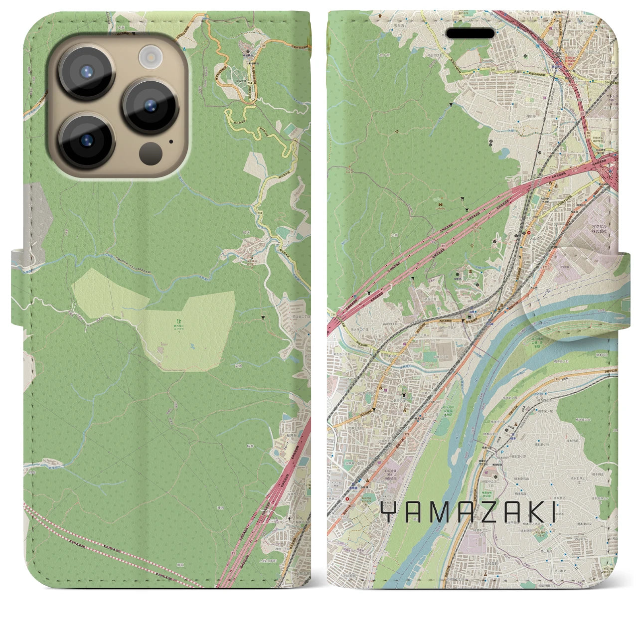 【山崎（京都府）】地図柄iPhoneケース（手帳両面タイプ・ナチュラル）iPhone 14 Pro Max 用