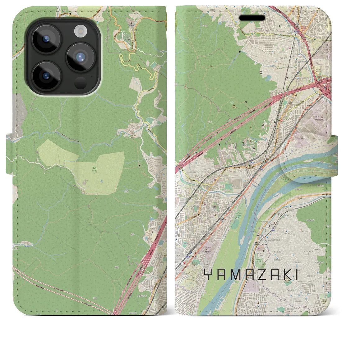 【山崎（京都府）】地図柄iPhoneケース（手帳両面タイプ・ナチュラル）iPhone 15 Pro Max 用