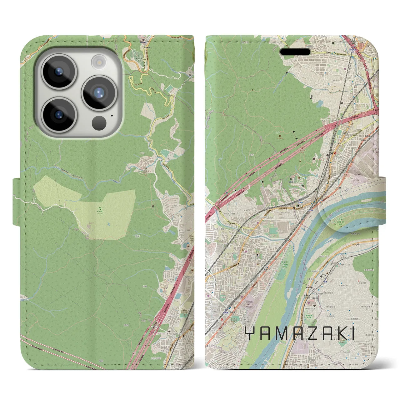 【山崎（京都府）】地図柄iPhoneケース（手帳両面タイプ・ナチュラル）iPhone 15 Pro 用