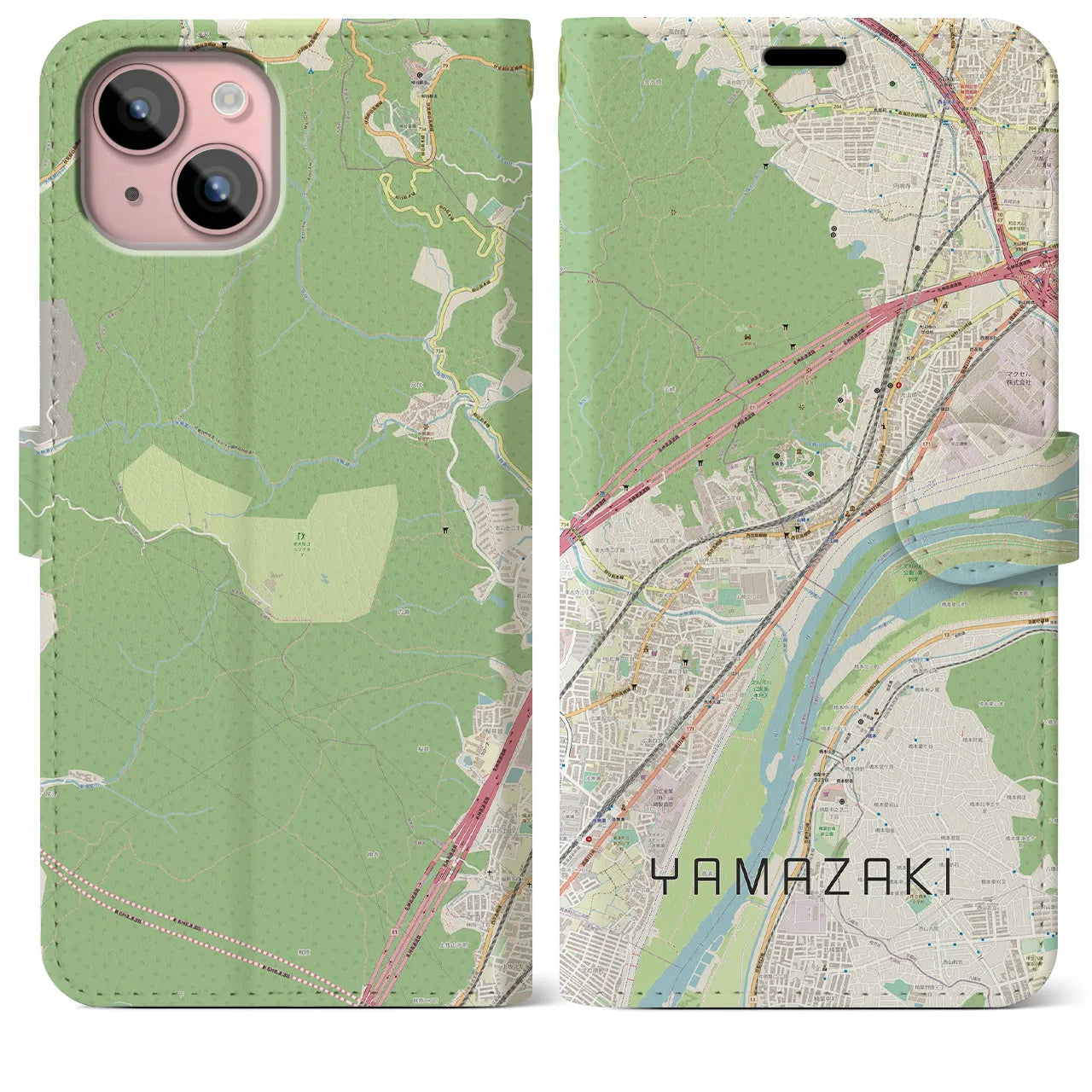 【山崎（京都府）】地図柄iPhoneケース（手帳両面タイプ・ナチュラル）iPhone 15 Plus 用