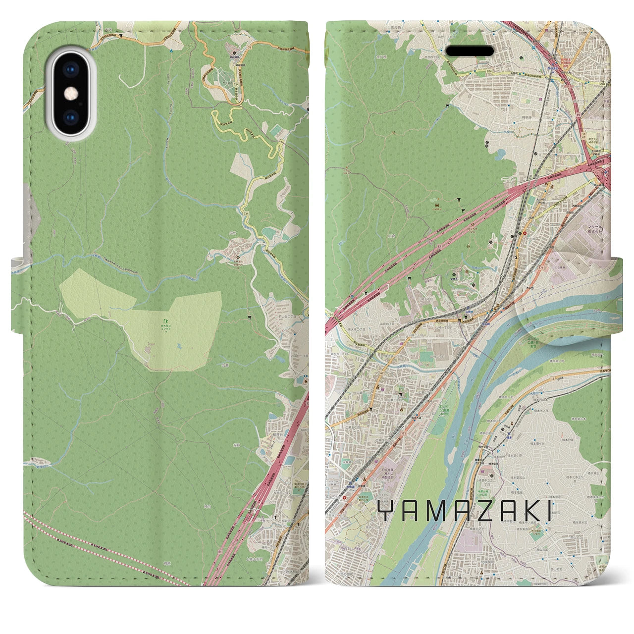 【山崎（京都府）】地図柄iPhoneケース（手帳両面タイプ・ナチュラル）iPhone XS Max 用