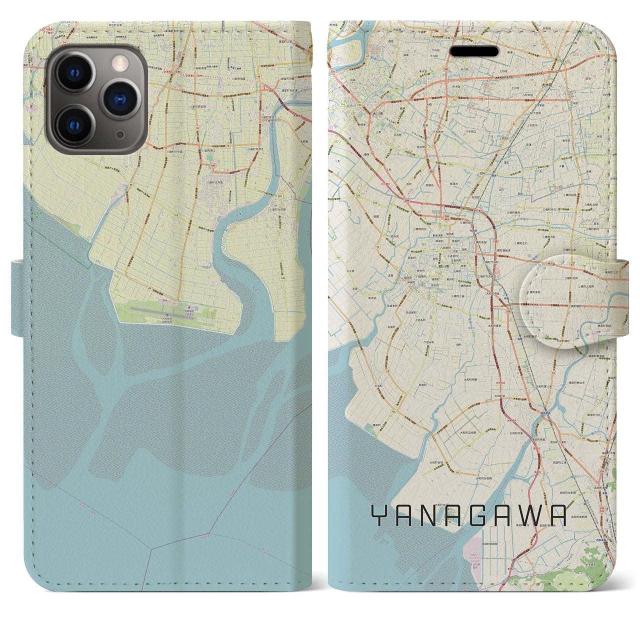【柳川】地図柄iPhoneケース（手帳両面タイプ・ナチュラル）iPhone 11 Pro Max 用