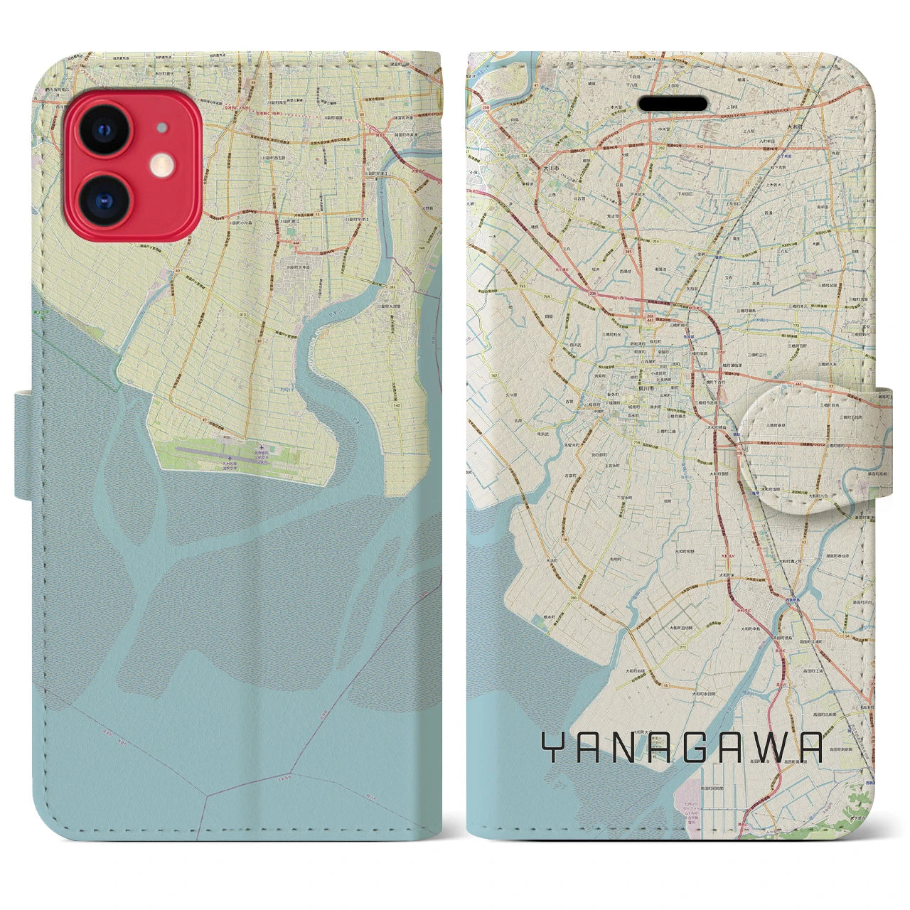 【柳川】地図柄iPhoneケース（手帳両面タイプ・ナチュラル）iPhone 11 用