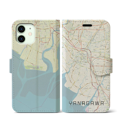 【柳川（福岡県）】地図柄iPhoneケース（手帳タイプ）ナチュラル・iPhone 12 mini 用