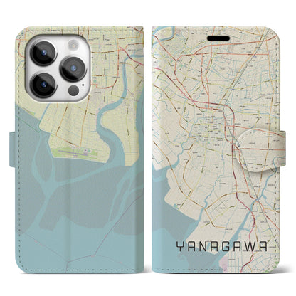 【柳川（福岡県）】地図柄iPhoneケース（手帳タイプ）ナチュラル・iPhone 14 Pro 用