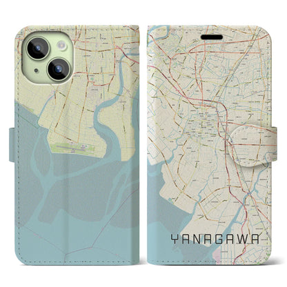 【柳川（福岡県）】地図柄iPhoneケース（手帳タイプ）ナチュラル・iPhone 15 用