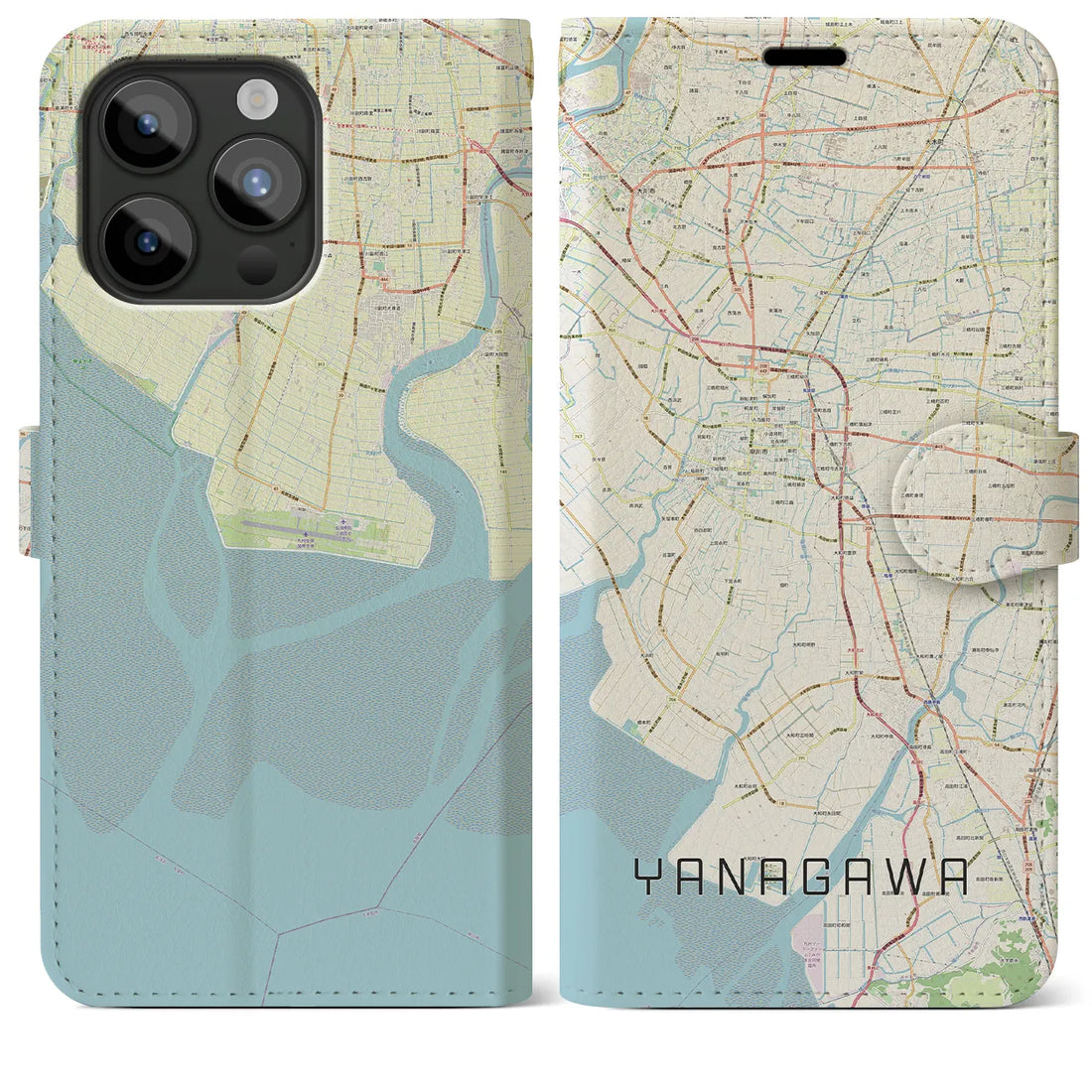 【柳川】地図柄iPhoneケース（手帳両面タイプ・ナチュラル）iPhone 15 Pro Max 用