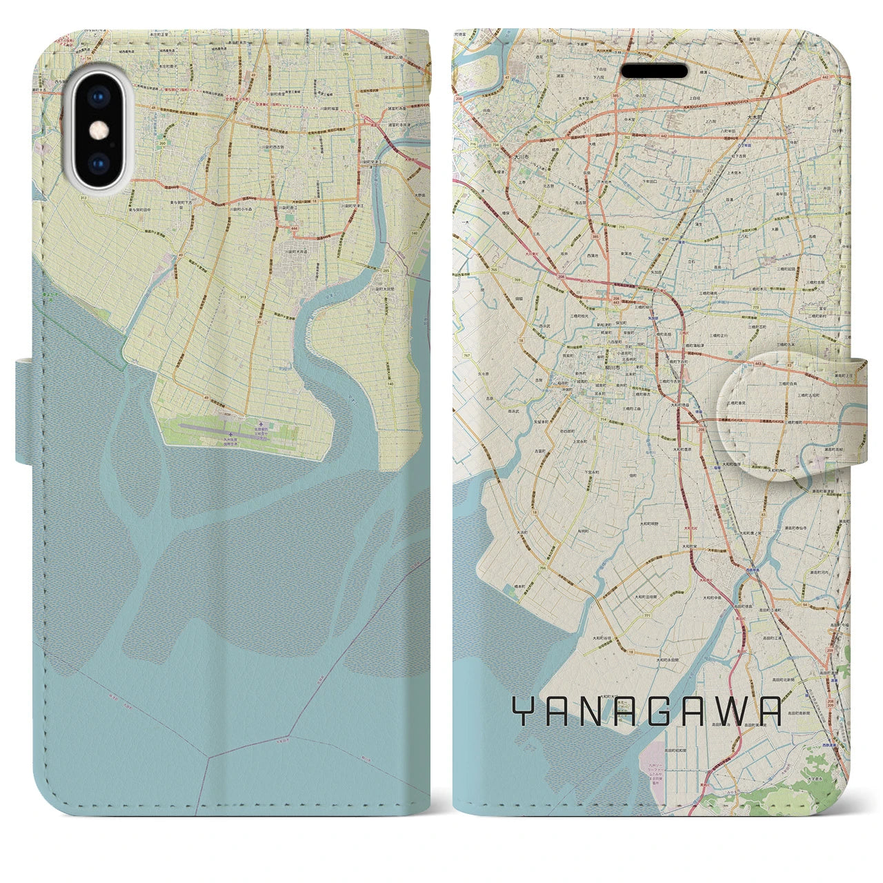 【柳川】地図柄iPhoneケース（手帳両面タイプ・ナチュラル）iPhone XS Max 用